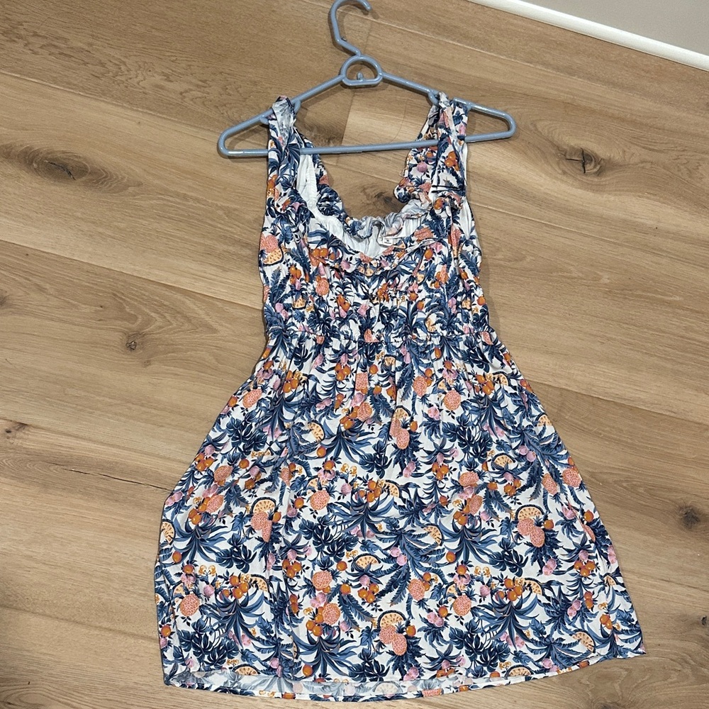 Line & Dot White Floral Mini Dress with Navy and Coral Accents